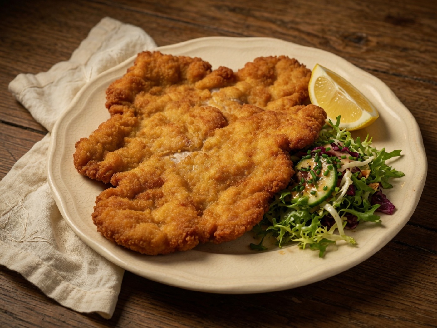 Goldbraun paniertes Schnitzel mit Salat und Zitrone
