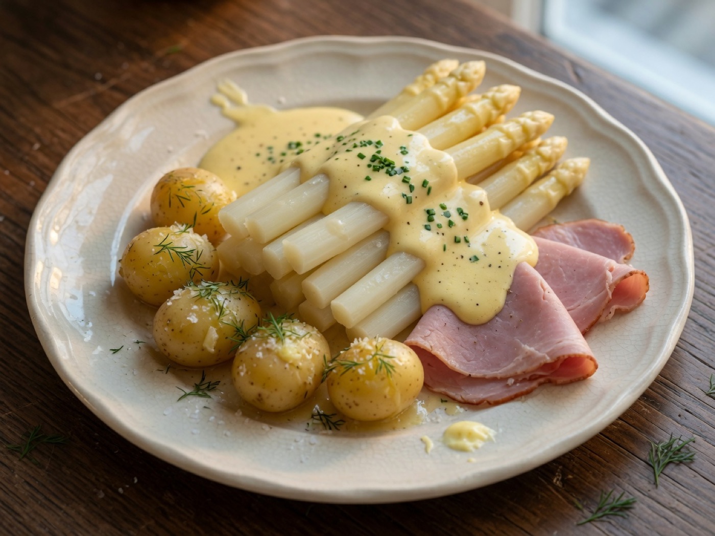Weißer Spargel mit Kartoffeln, Schinken und Sauce Hollandaise