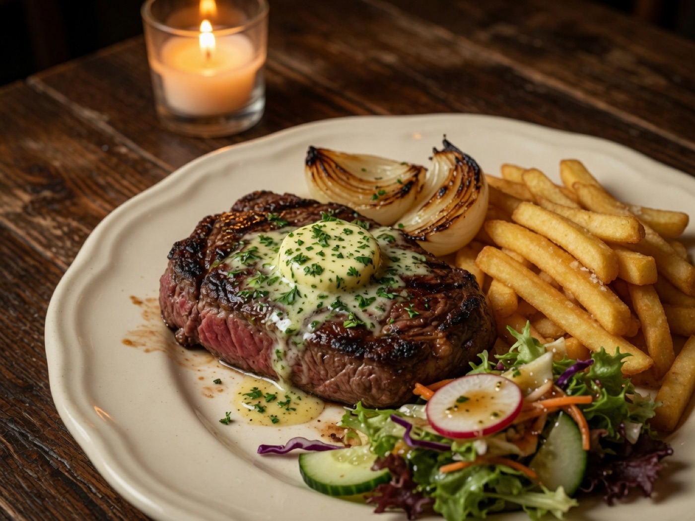 Gegrilltes Rumpsteak mit Kräuterbutter, Zwiebeln und Pommes